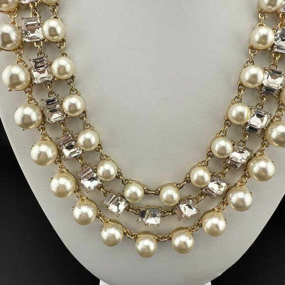 Triple Strand Pearl & Crystal Gold-Tone Necklace Charter Club Lobster Clasp Jewe - Picture 3 of 7